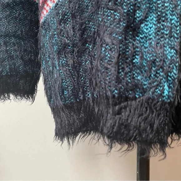 Anthropologie Raga Fuzzy Eyelash Knit Open Front Cardigan OS Blue Black Red Cozy - Picture 7 of 14